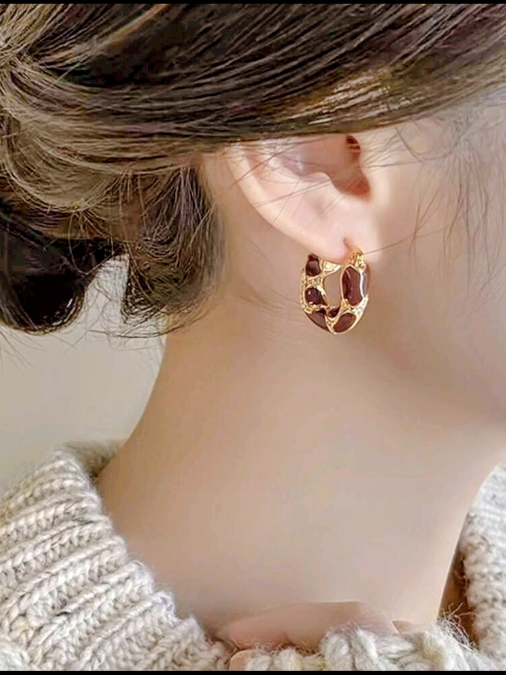 Gold Hoop Earrings with Brown Enamel and Crystal Accents